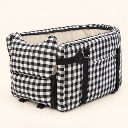 Black and white gingham console dog car seat