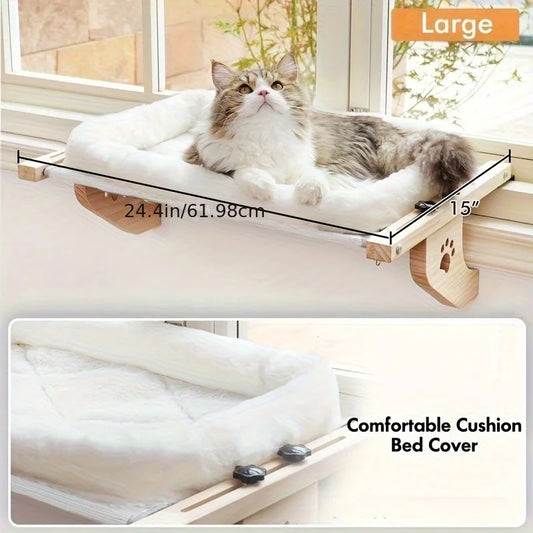 Wooden cat window hammock that fits the windowsill with no drilling