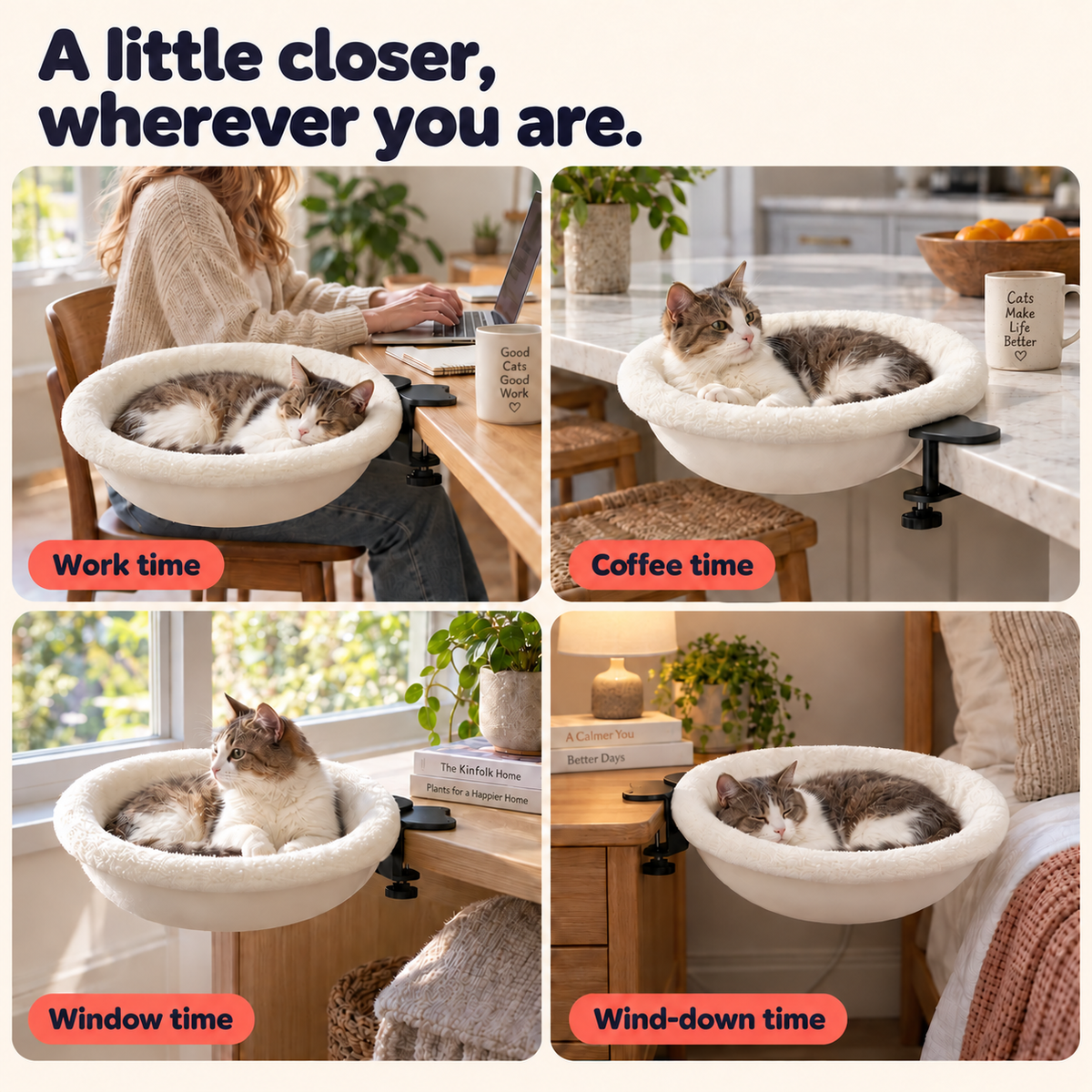 Multi-use clamp-on cat bed for desks and other surfaces