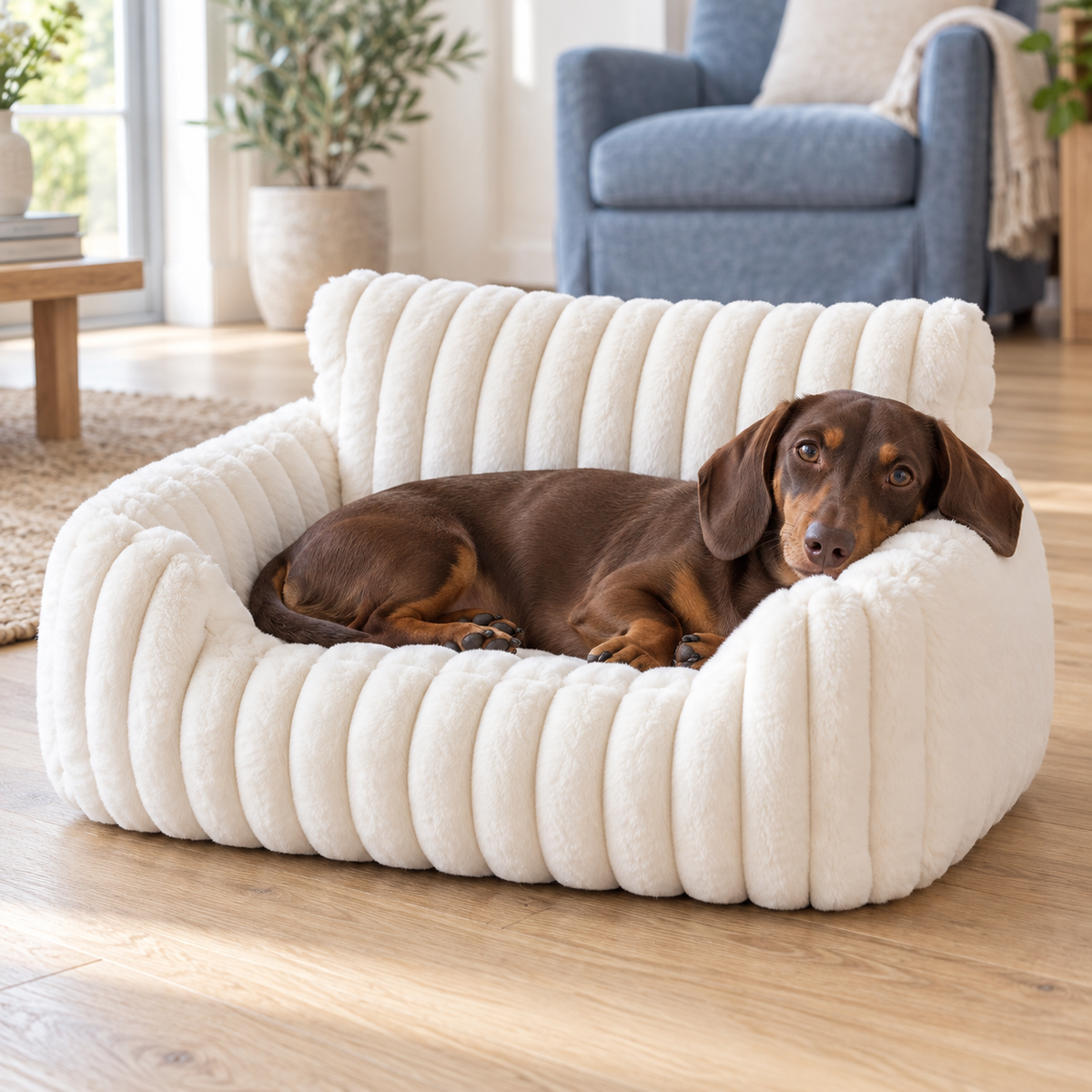 Dachshund on a cream plush pet couch bed for small dogs
