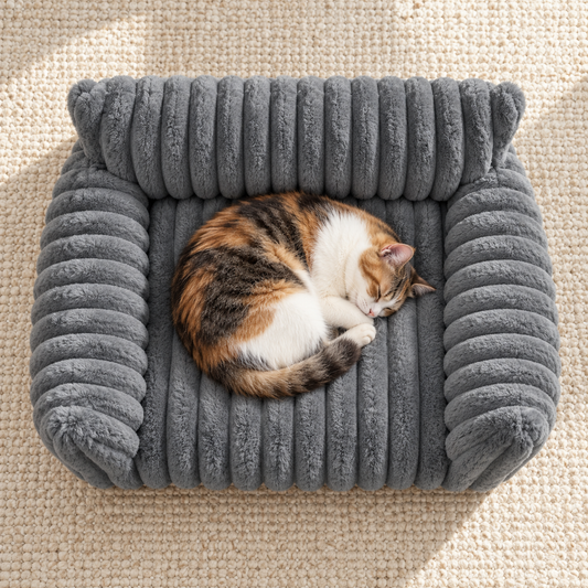 Calico cat lounging on a gray plush cat couch bed