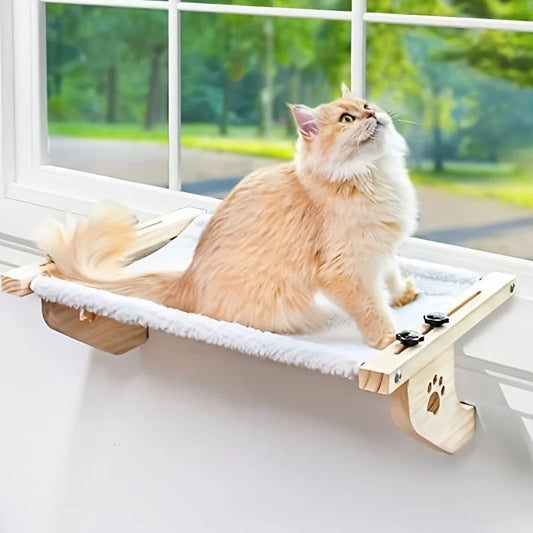 No-drill wooden cat window perch hammock on a windowsill