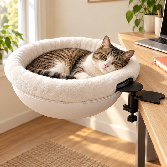 Cat napping in a clamp-on cat hammock attached to a desk