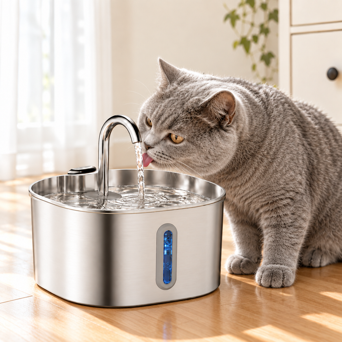 Stainless steel cat water fountain with flowing water