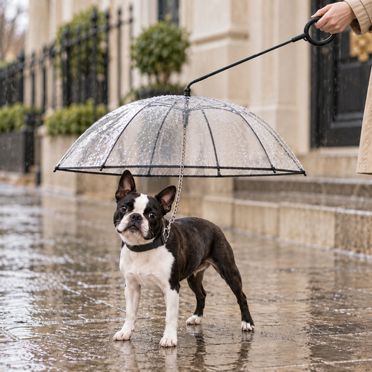 Small dog walking in the rain under a clear dog umbrella leash