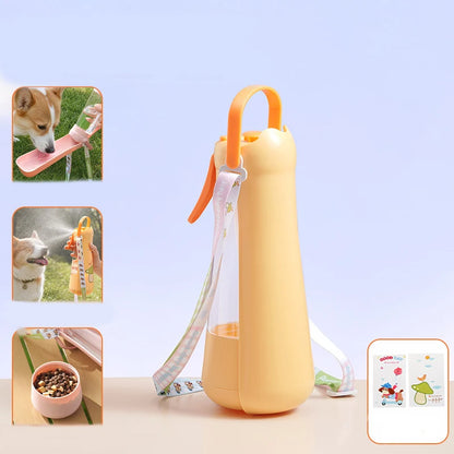 Portable pet water bottle with orange handle and clear reservoir for dog walks and hiking