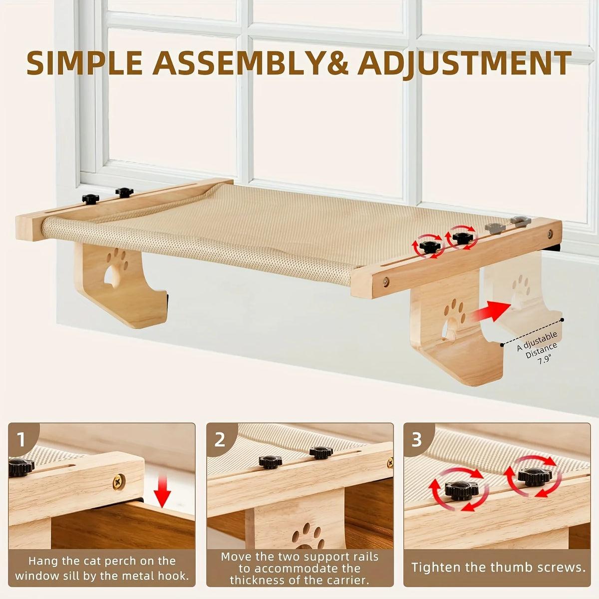 Wooden window perch for cats, an easy-install cat shelf for windows