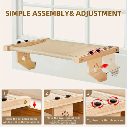 Wooden window perch for cats, an easy-install cat shelf for windows