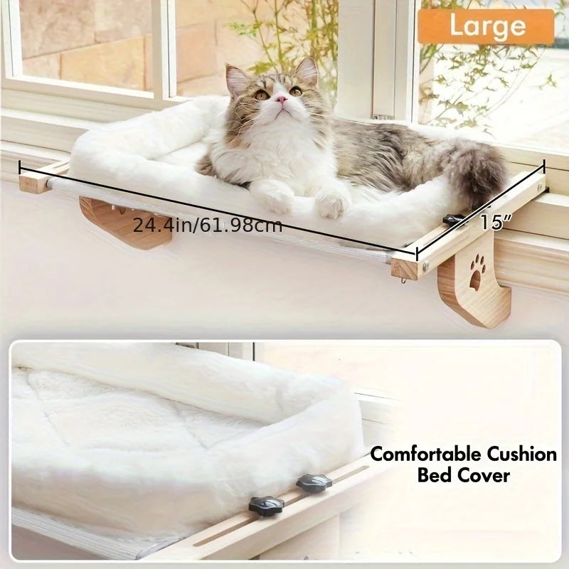 Wooden cat window hammock that fits the windowsill with no drilling