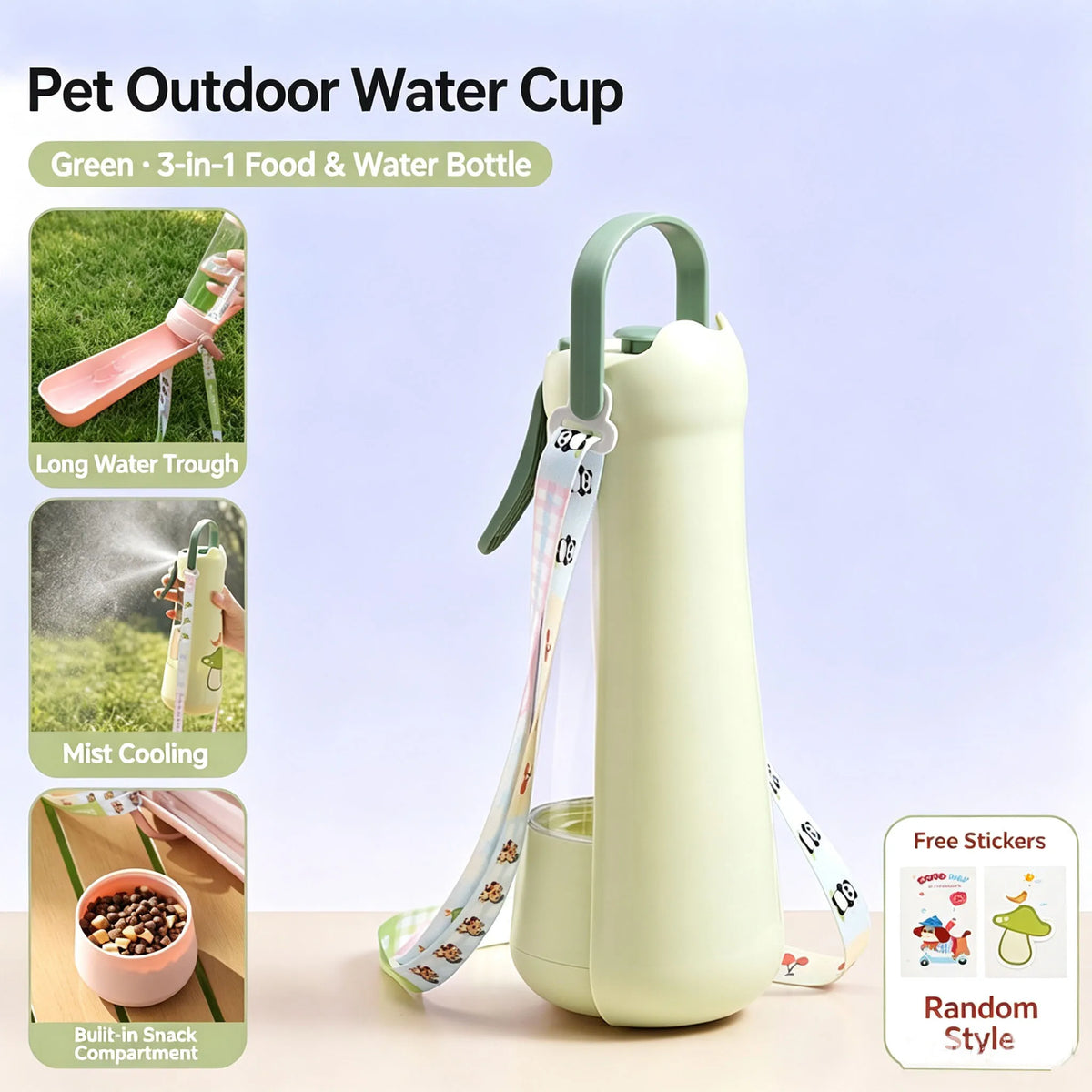Yellow-green 3-in-1 dog water bottle and food container with cartoon carry strap