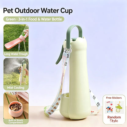 Yellow-green 3-in-1 dog water bottle and food container with cartoon carry strap