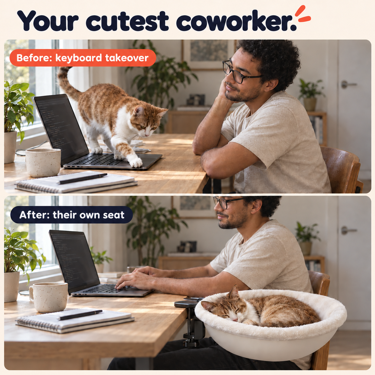 Before and after: cat on the keyboard vs. cat resting in a desk hammock