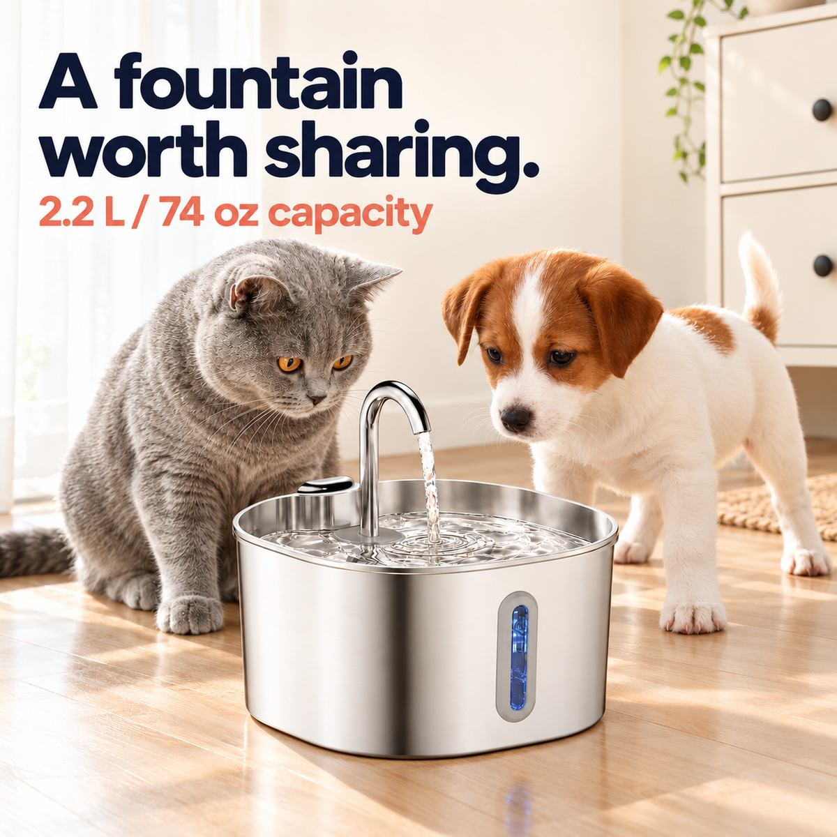 Cat and dog water fountain specifications, 2.2L stainless steel