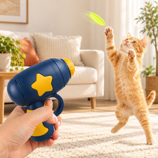 Flying disc launcher cat toy, an interactive cat fetch toy gun with spinning discs