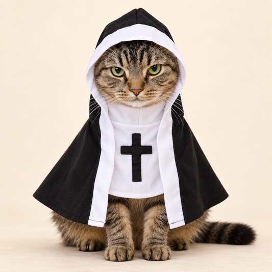 Cat wearing a nun costume with veil, a funny Halloween cat costume