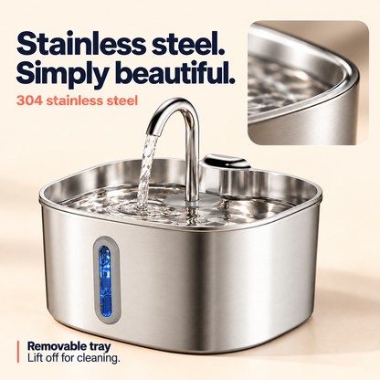 Close-up detail of the stainless steel pet water fountain