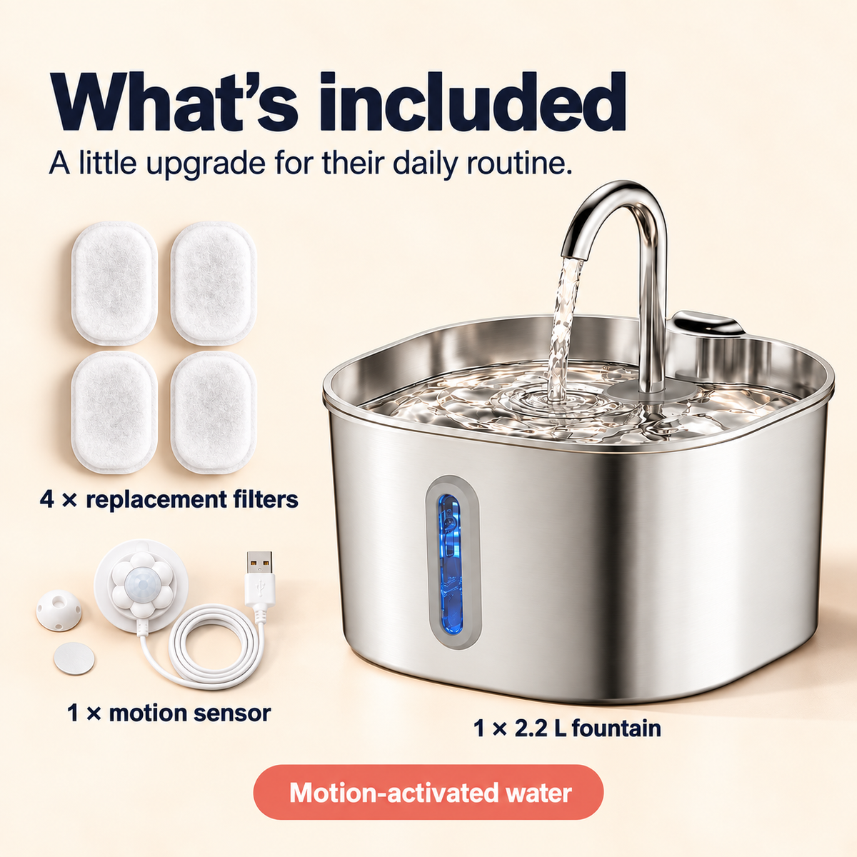 Cat water fountain kit with filters and stainless steel top