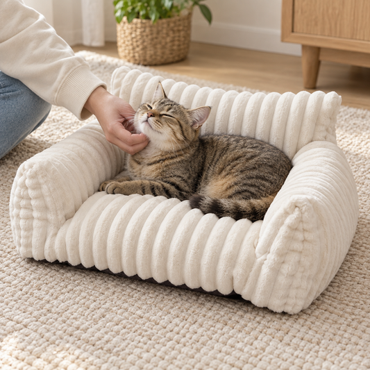 Person petting a cat on a cream plush cat sofa bed