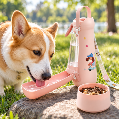Corgi drinking from a pink portable dog water bottle with food container on a walk in the park