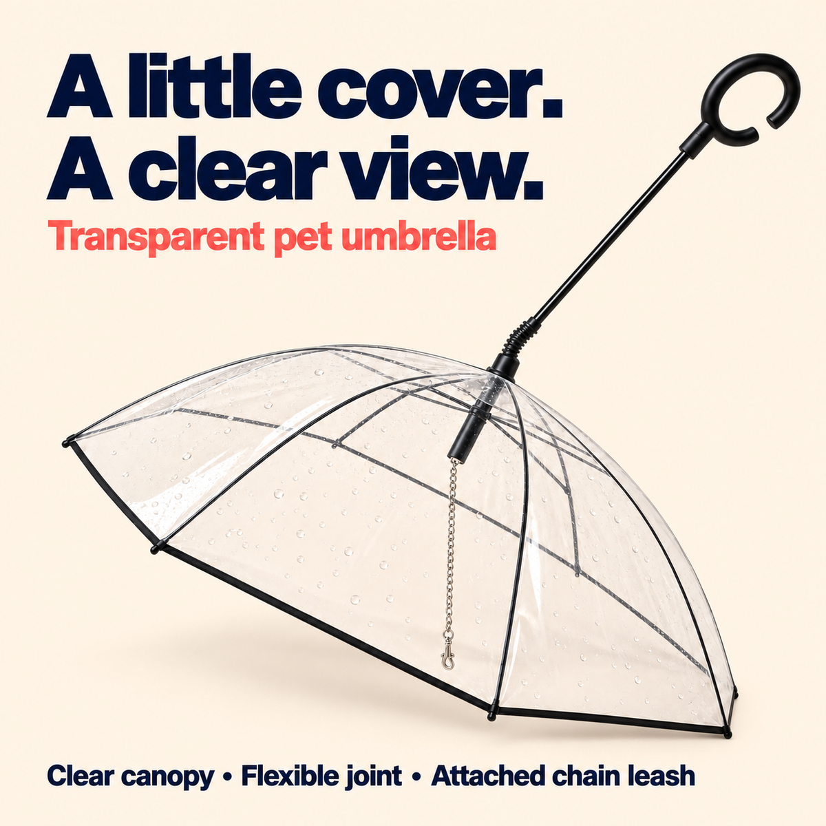 Dog umbrella with built-in leash and clear canopy so your dog can see in the rain