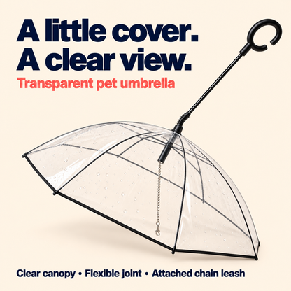 Dog umbrella with built-in leash and clear canopy so your dog can see in the rain