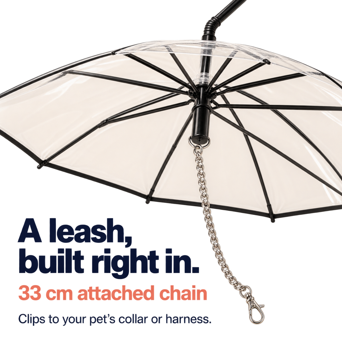 Dog umbrella leash details: clear canopy, black trim and attached chain leash