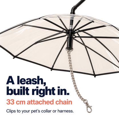 Dog umbrella leash details: clear canopy, black trim and attached chain leash