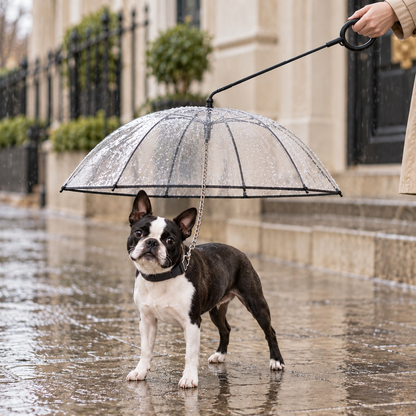 Small dog walking in the rain under a clear dog umbrella leash clipped to its harness