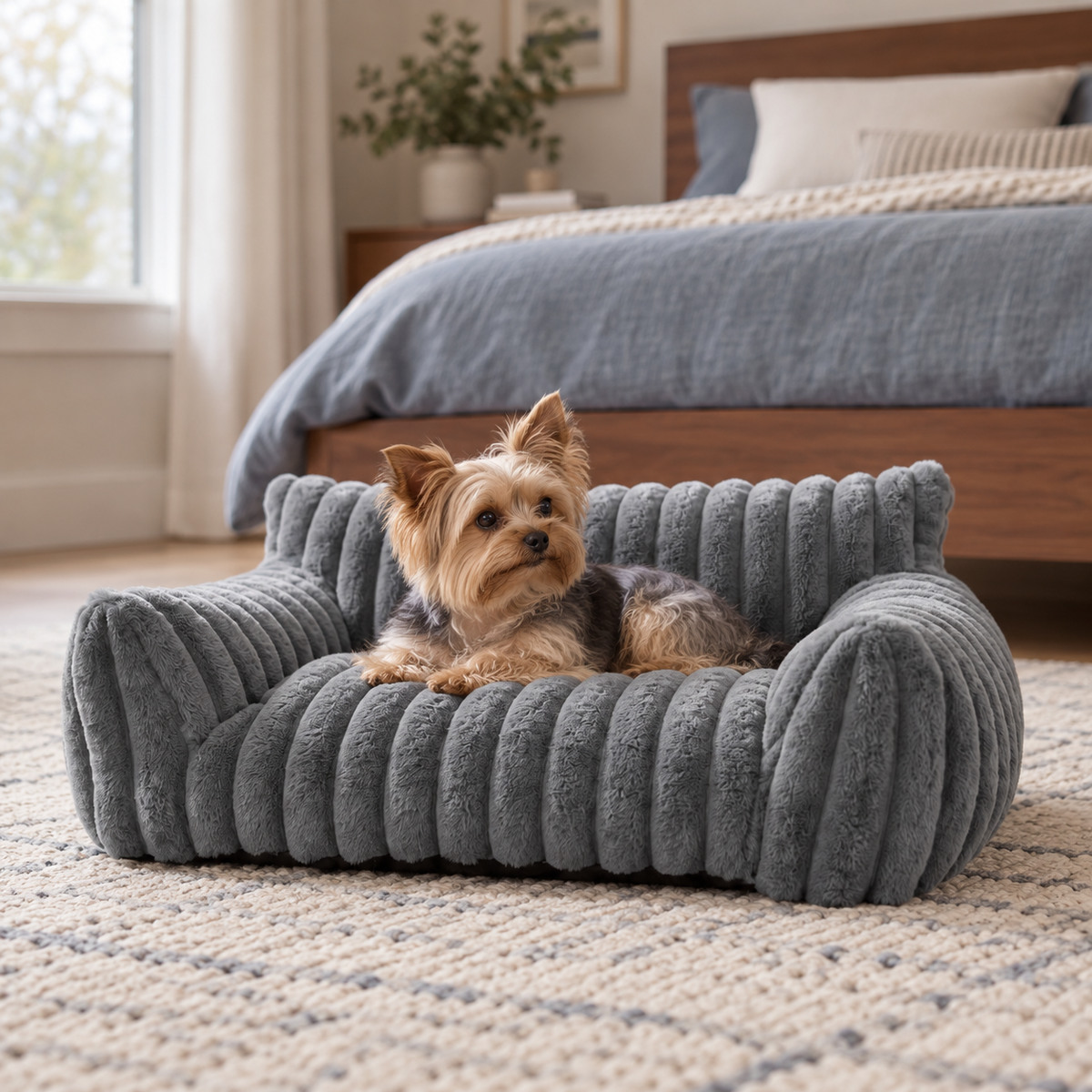 Yorkie resting on a gray plush pet sofa bed for small dogs and cats